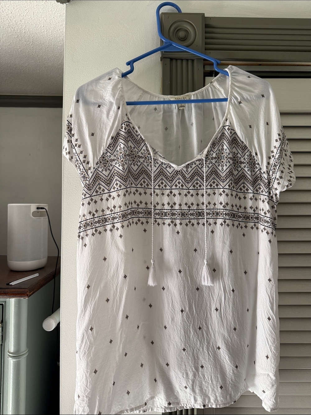 Sonoma White Boho Embroidered Tie-Front Tunic